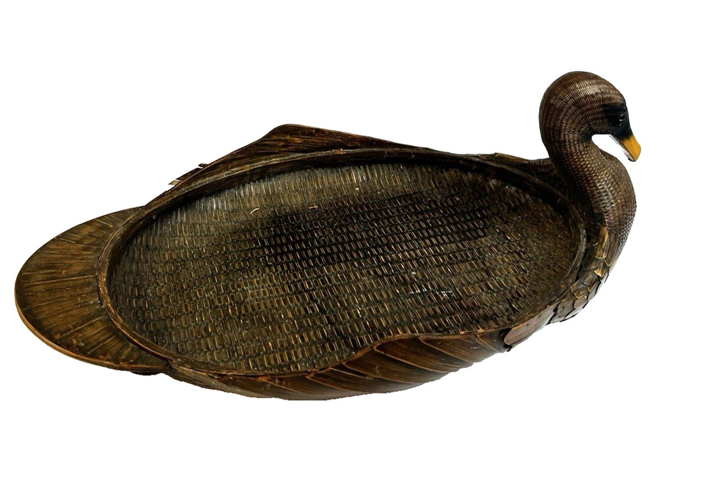 Swan / Duck Basket Tray 26" L Woven Rattan WIcker Brown Home Decor